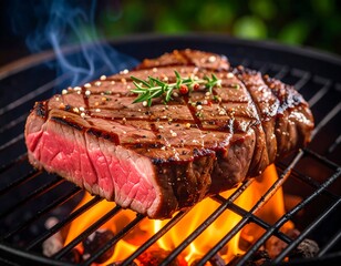 Grilled Steak on BBQ Grill.