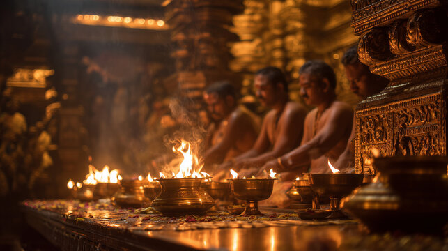 Mannarasala Ayilyam, temple priests performing rituals with oil lamps and incense, warm golden light