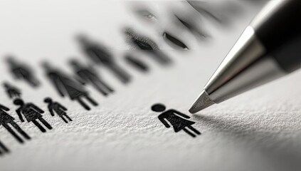 Close-up of a pen tip about to cross out a single female figure from a row of family figures