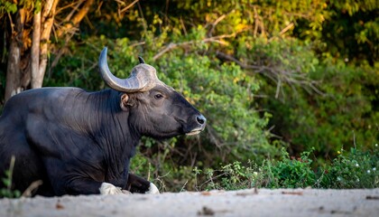 Large dark-colored mammal resting in the forest