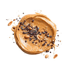 clean short round curved swatch of a sandy-textured peanut butter spread mixed with tiny chocolate pieces and with some peanuts