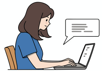 A young woman works on a laptop, a speech bubble displaying text. Modern, clean illustration style. Focus on productivity and digital communication.

