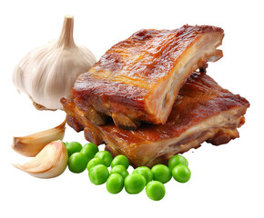 composition where the main object is delicious meaty smoked golden ribs, cut separately and bones are visible, 3 green peas