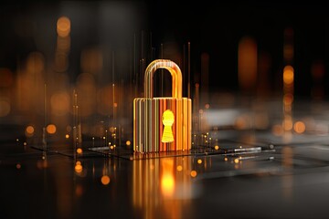 3D lock graphic on dark surface with glowing lines