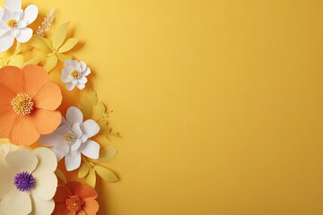 Obraz premium Vibrant paper flowers in orange, white, and yellow hues arranged on a sunny yellow background, leaving ample copy space
