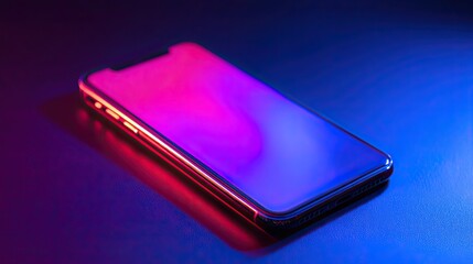 Sleek smartphone bathed in vibrant neon pink and blue light, showcasing a modern aesthetic perfect for tech and lifestyle concepts