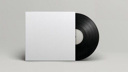 Black vinyl record partially out of blank white cover mockup on gray background