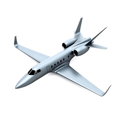 Sleek silver private jet with streamlined design and prominent engine intake on transparent background.