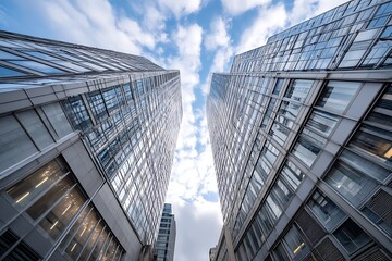 Fototapeta premium A perspective view looking up between two modern skyscrapers, with reflective glass exteriors set against a partly cloudy sky, evoking the grandeur of urban architecture.
