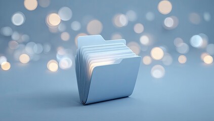 A light-blue, 3D-rendered folder icon glows softly against a bokeh background.  Multiple files are subtly visible within