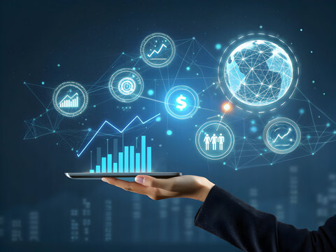 Hand holding tablet displaying glowing digital financial analytics with global network and icons business
