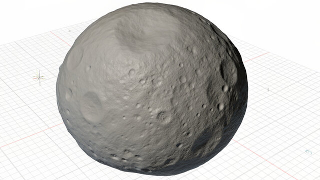 This image shows the protoplanet 4 Vesta, a large asteroid located in the asteroid belt. Its shape is irregularly oblate, not perfectly spherical, and its surface is heavily cratered.