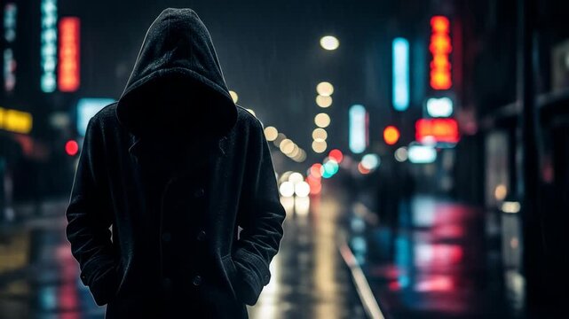 Mysterious figure in a hooded coat stands on a rainy city street at night. - Powered by Adobe