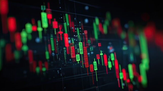 Dynamic glowing stock market candlestick chart with red and green bars showing financial trading data in a modern digital interface