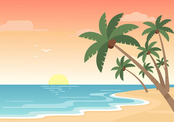 Fototapeta premium Tropical Beach Sunset Vector Illustration with Palm Trees and Ocean View