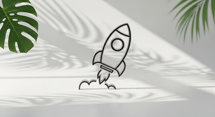 Minimalist rocket launch against a modern white background with tropical leaves casting shadows