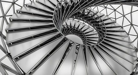 Abstract Metallic Spiral Staircase Structure with Geometric Framework Design