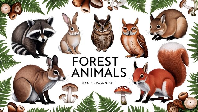 Fototapeta Hand-drawn realistic set of forest animals and nature elements, featuring a raccoon, bunny, rabbit, brown owl, red fox, squirrel, forest fern, and mushrooms, on a white background