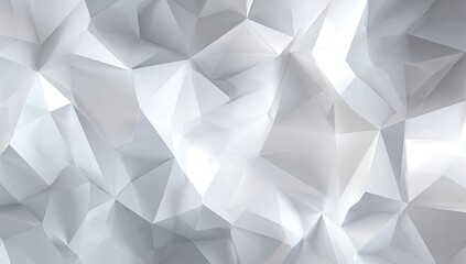 Abstract white low-poly background featuring a textured surface of numerous interconnected, light gray and white triangles, creating a three-dimensional effect with subtle highlights and shadows