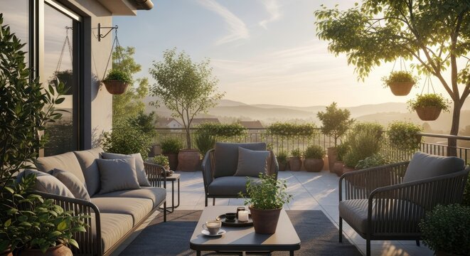 Golden Hour Serenity on a Modern Balcony with Lush Greenery and Valley View