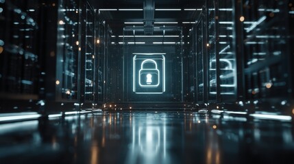 Cyber Sanctuary: A futuristic, hyper-realistic server room glimmers, housing the luminous icon of a padlock, the quintessential emblem of data defense. The image embodies security, control.