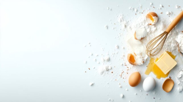 Baking ingredients including eggs, butter, flour, and a whisk on a white surface, ready for preparation.