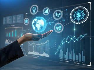 Person presenting digital financial data with charts graphs and global network on futuristic interface