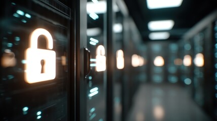 Secure Data Center: A glowing padlock illuminates the crucial data server room, a metaphor for safeguarding information. Capturing the essence of data safety, privacy, and digital security.
