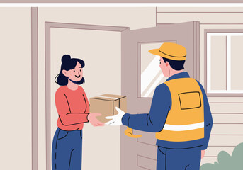 A woman happily receives a package delivered by a friendly courier at her doorstep, illustrating efficient home delivery service.
