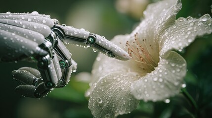 Robotic Hand and Flower: A close-up shot showcases a sleek, robotic hand delicately touching the soft petals of a water-covered white flower. A juxtaposition of technology and nature.