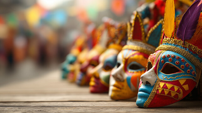 MassKara Festival, row of vibrant festival masks displayed on wooden table