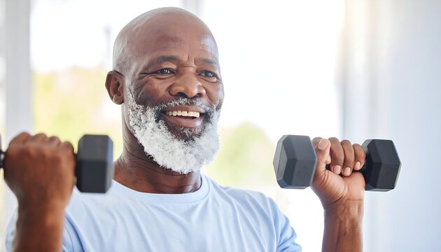 Smiling senior man lifting weights indoors