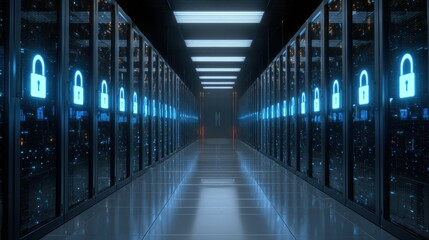 Fototapeta premium Secured Data Center: A sleek, symmetrical perspective unveils a data center, with rows of servers illuminated by a subtle blue light and security symbols, suggesting robust data protection. 