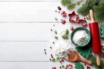 Festive baking setup with flour, rolling pin, cookie cutters, wooden spoon, and Christmas tree decorations on a white wooden surface.