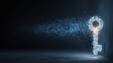 Key to Opportunity: An artistic key, formed from particles, unlocks the door to new possibilities. The key illuminates, suggesting solutions and transformation, against the dark, evocative backdrop.
