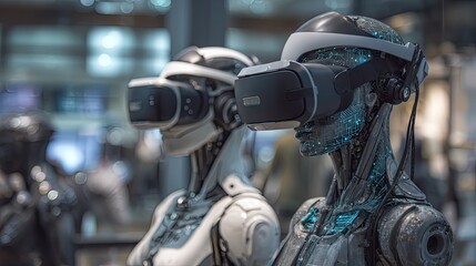 Futuristic robots wearing virtual reality headsets explore immersive digital worlds, signaling advanced technology and future innovation in cyberspace.