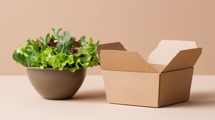 Fresh Salad and Takeout Box: A vibrant, healthy salad presented in a bowl next to an empty, open takeout container, promoting healthy eating and convenient food choices.