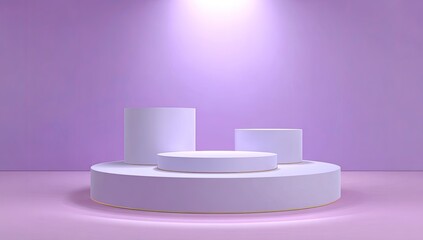 Three white cylindrical platforms on a larger circular base against a pale purple wall, illuminated by a spotlight