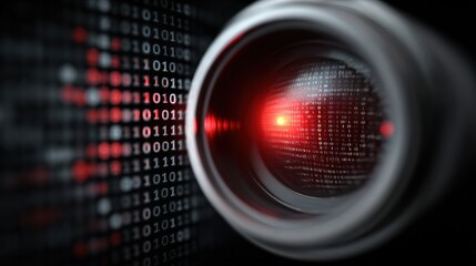 Digital Eye in the Matrix: A close-up of a digital camera lens with a glowing red center, symbolizing surveillance and technology. The binary code, adding an air of cyber world. 