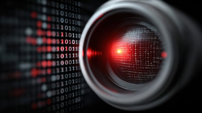 Digital Eye in the Matrix: A close-up of a digital camera lens with a glowing red center, symbolizing surveillance and technology. The binary code, adding an air of cyber world. 
