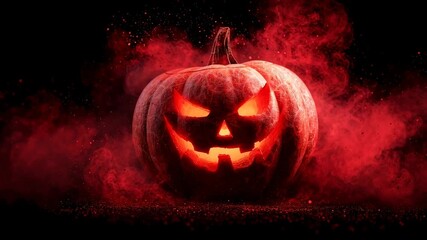 Spooky carved pumpkin with glowing eyes surrounded by red smoke against dark background, Halloween concept