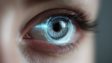 Stunning close-up of a human eye with futuristic blue digital interface overlay highlighting advanced technology and data analytics for a forward-thinking vision of the future