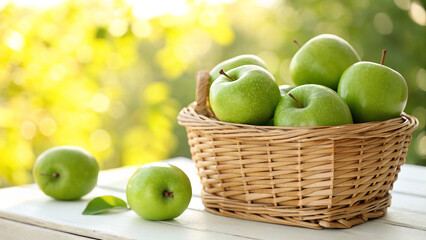 Green Apple in basket on white surface in natural warm sunlight background