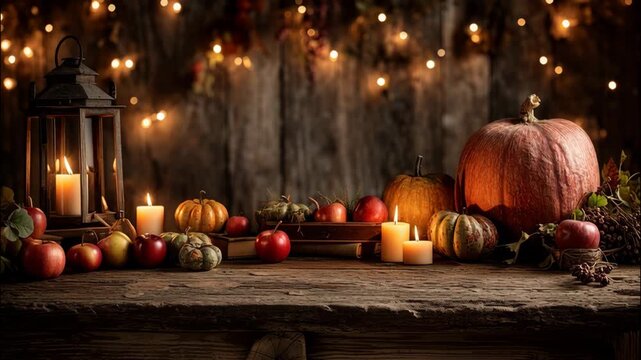 Autumn harvest arrangement with pumpkins and candles on rustic wooden table  