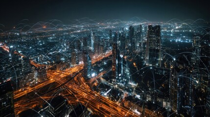 Fototapeta premium City of Lights and Connectivity: An awe-inspiring, high-angle view of a modern metropolis aglow at night, where illuminated buildings stand tall.