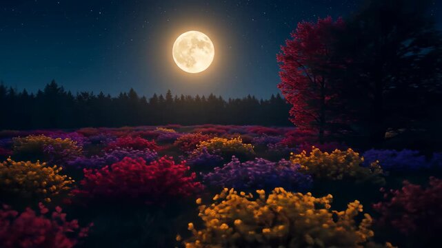 Magical moonlit field of colorful flowers under a starry night sky. Serene scene.