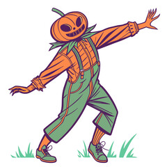 Neon Scarecrow with Pumpkin Head – Festive Halloween Vector Illustration. Perfect for: Halloween farm themes, party branding, spooky decorations