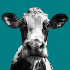Striking monochrome portrait of a cow with captivating teal background, eye-catching details.