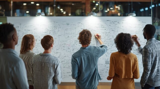 Strategic Planning and Collaboration: A team of professionals huddle around a whiteboard, brainstorming and strategizing. Capture the spirit of teamwork, innovation and idea exchange.