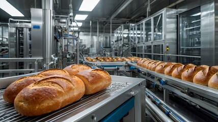 Freshly baked bread loaves moving along a conveyor belt in an industrial bakery setting for commercial use